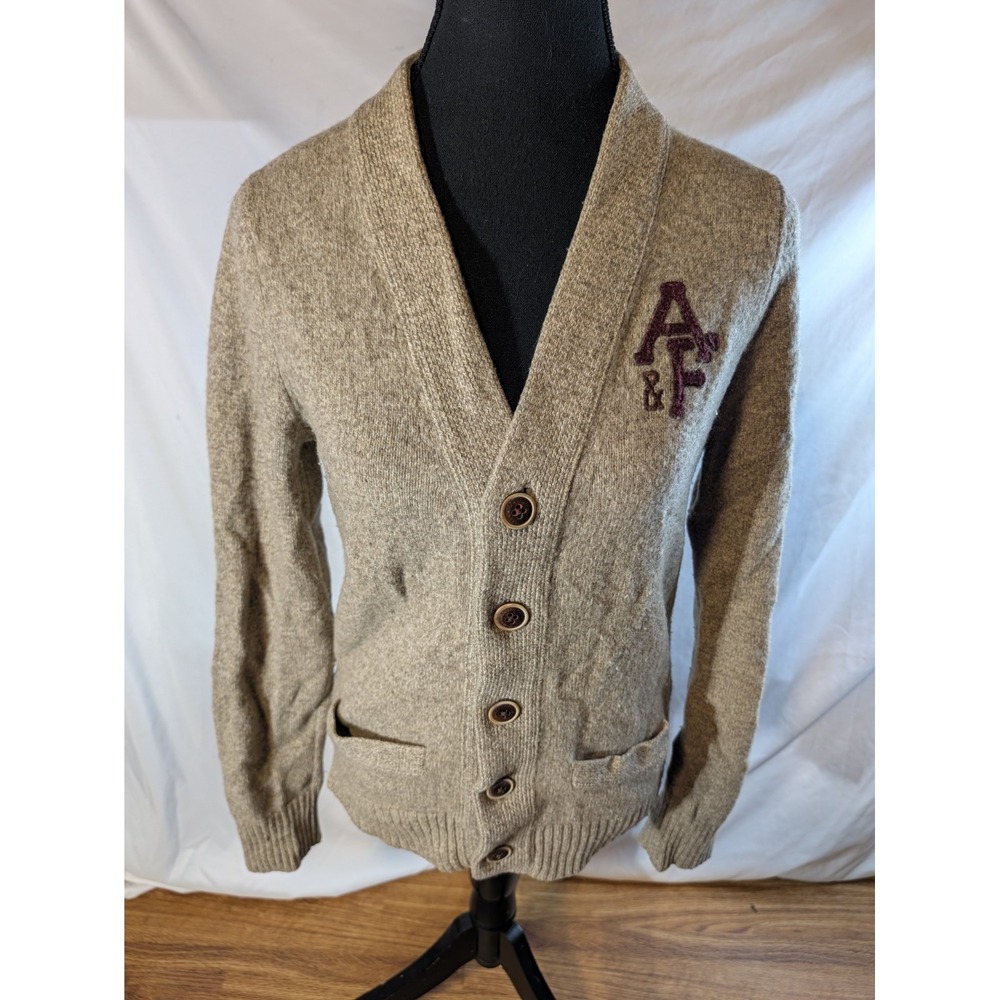 Abercrombie & Fitch Varsity Letterman Cardigan Beige Wool Blend Size Small